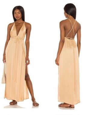 INDAH Beige Backless Halter Maxi Dress Open Back Slit Resort Size XS